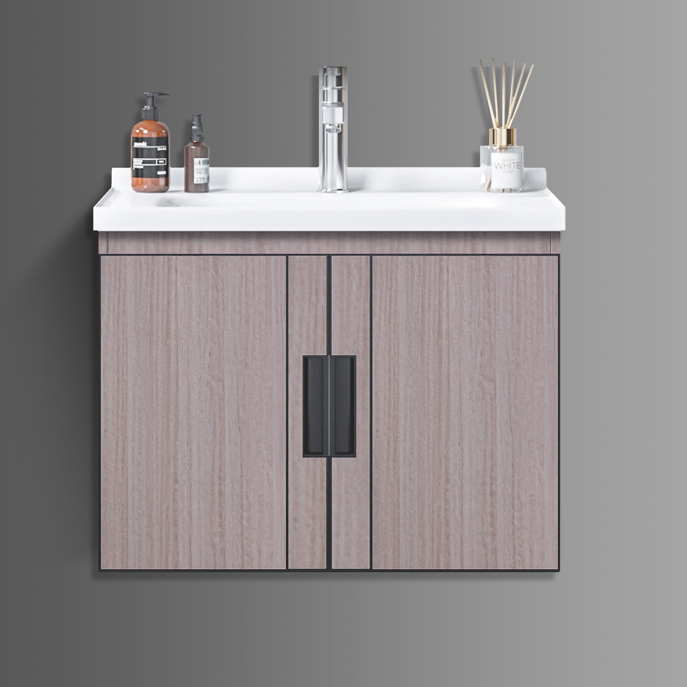 Washbasin Cabinet with Mirror and Shelf - Brown Marble