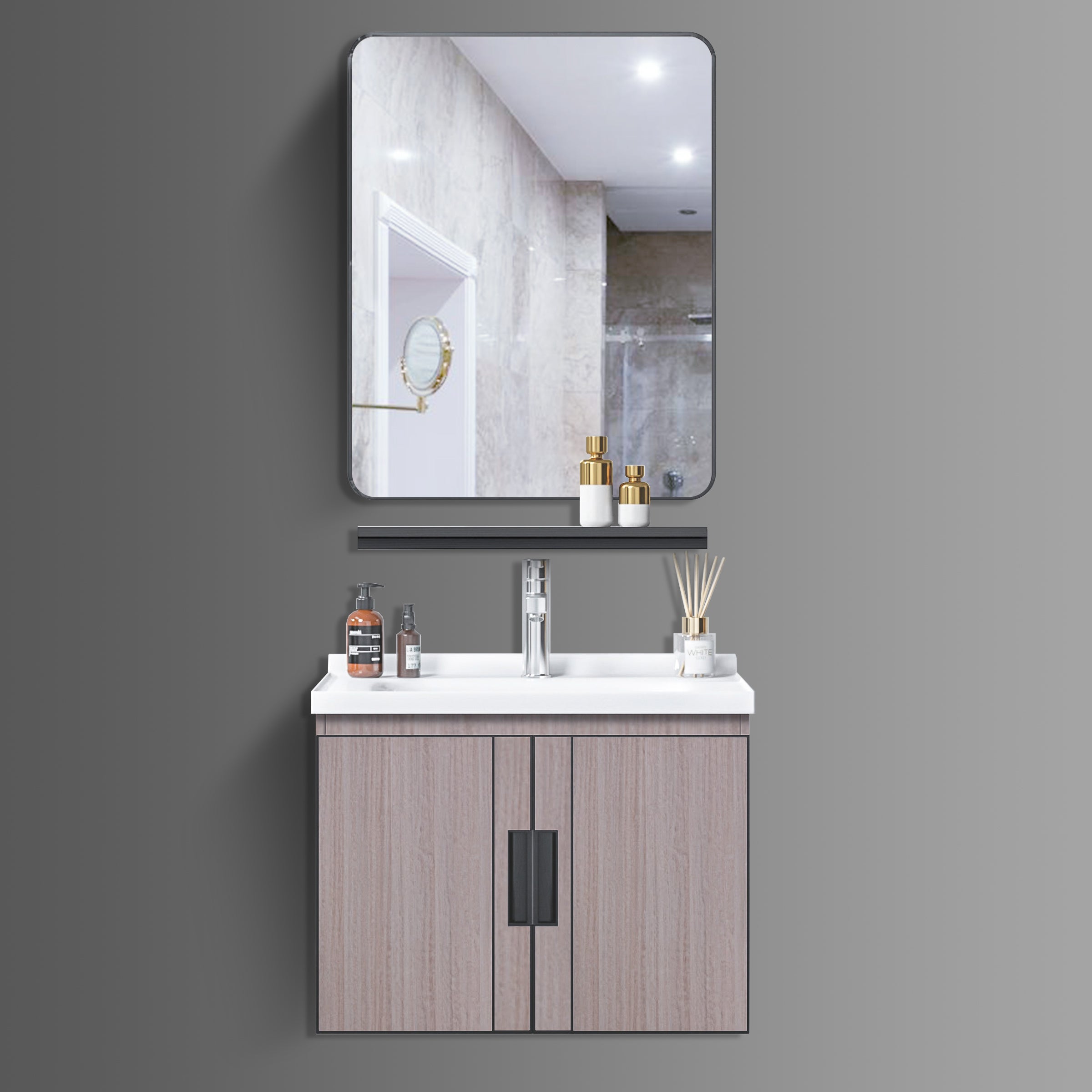Washbasin Cabinet with Mirror and Shelf - Brown Marble