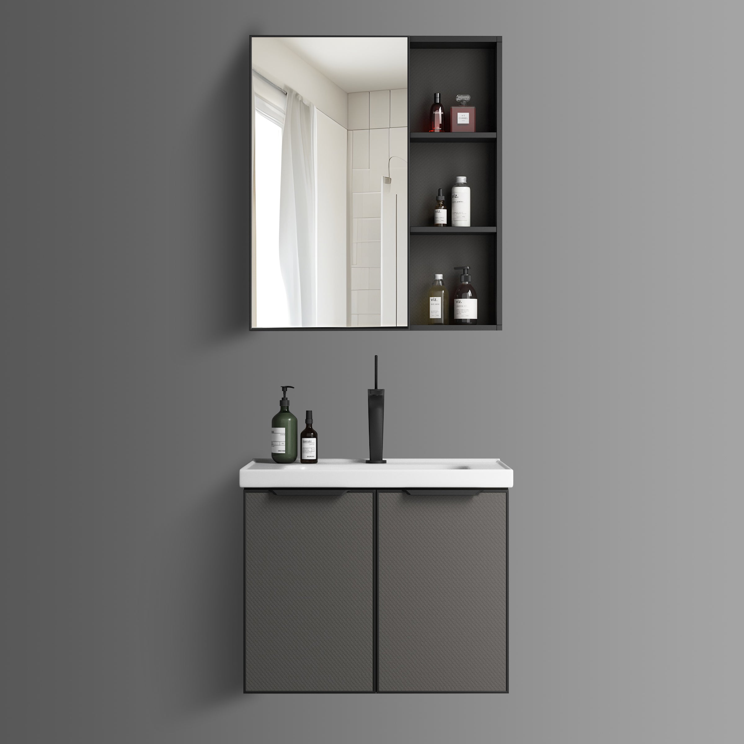 Washbasin Cabinet Along with Mirror Cabinet - Nolge Grey